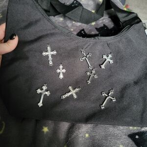 Hot Topic Black Bag with Silver Cross Charms